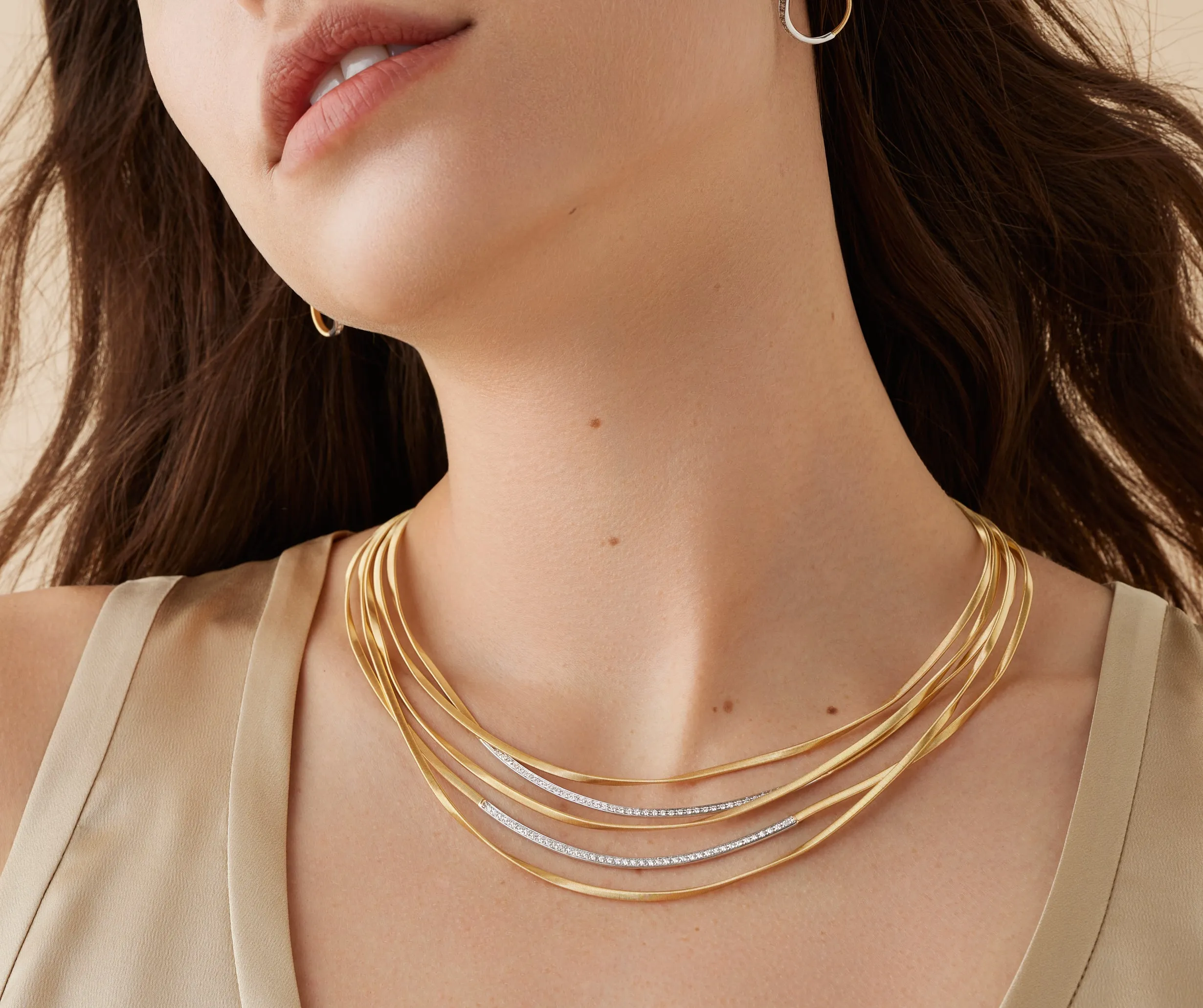 18K Yellow Gold 5-Strand Coil Necklace With Diamond Bars
