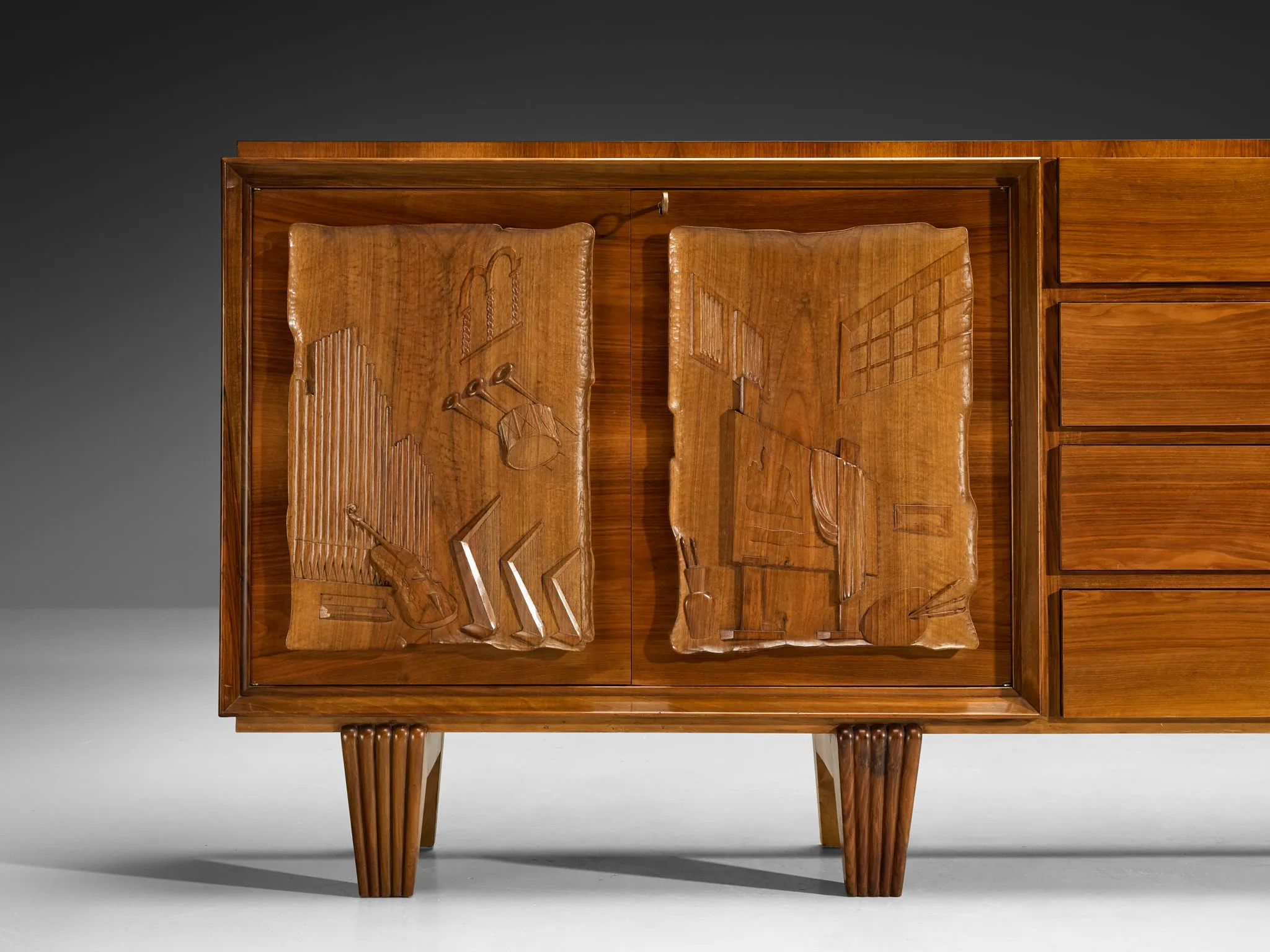 1940s Italian Sideboard in Walnut with Decorative Carvings by Artisan Maker