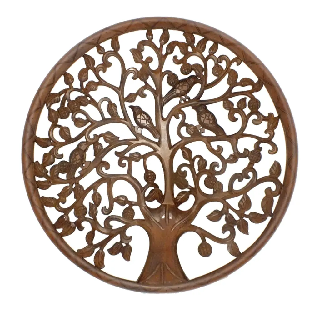 36 Inch Round Wooden Wall Art Decor, Tree of Life Art, Carved Cutout design, Sitting Birds, Walnut By The Urban Port