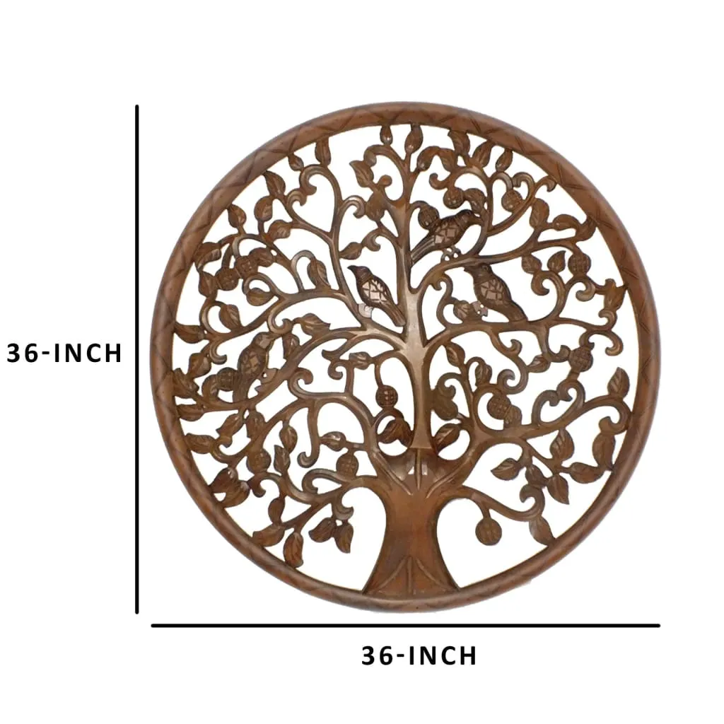 36 Inch Round Wooden Wall Art Decor, Tree of Life Art, Carved Cutout design, Sitting Birds, Walnut By The Urban Port