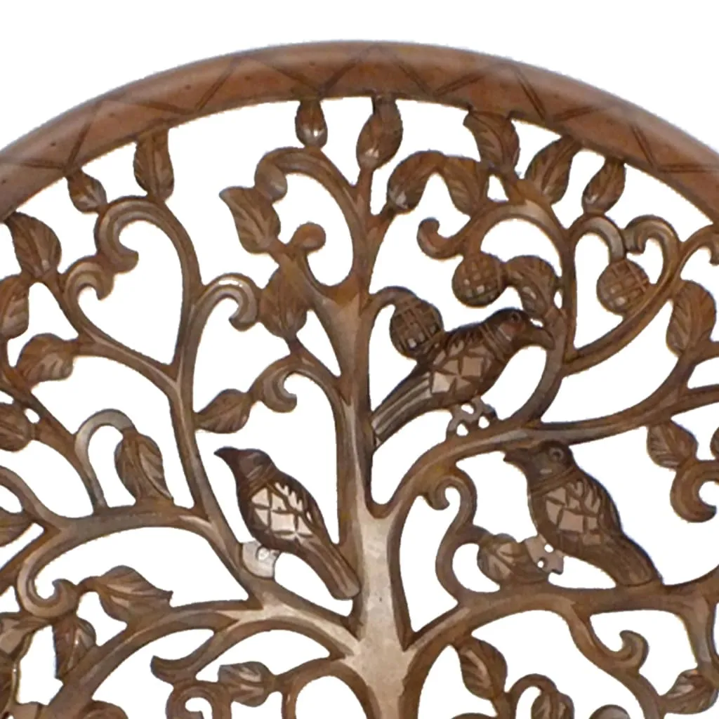 36 Inch Round Wooden Wall Art Decor, Tree of Life Art, Carved Cutout design, Sitting Birds, Walnut By The Urban Port