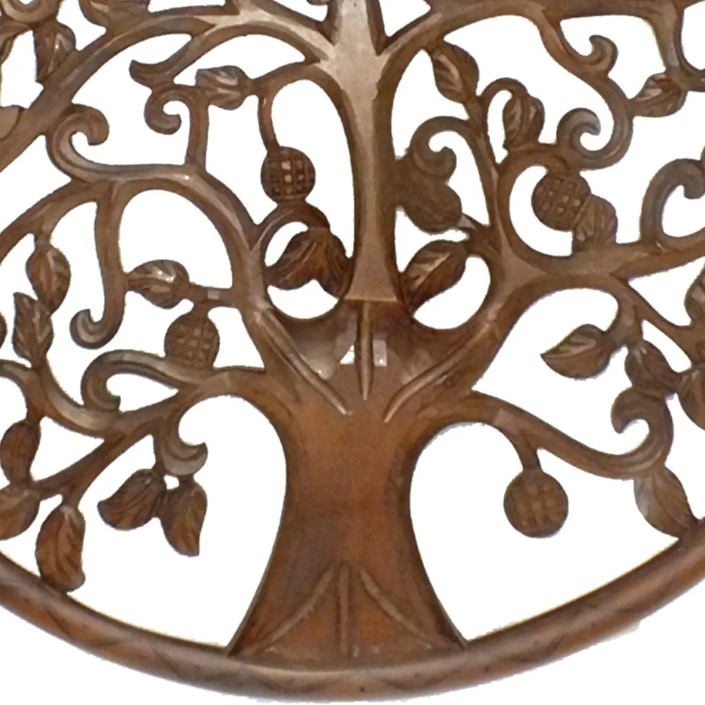 36 Inch Round Wooden Wall Art Decor, Tree of Life Art, Carved Cutout design, Sitting Birds, Walnut By The Urban Port