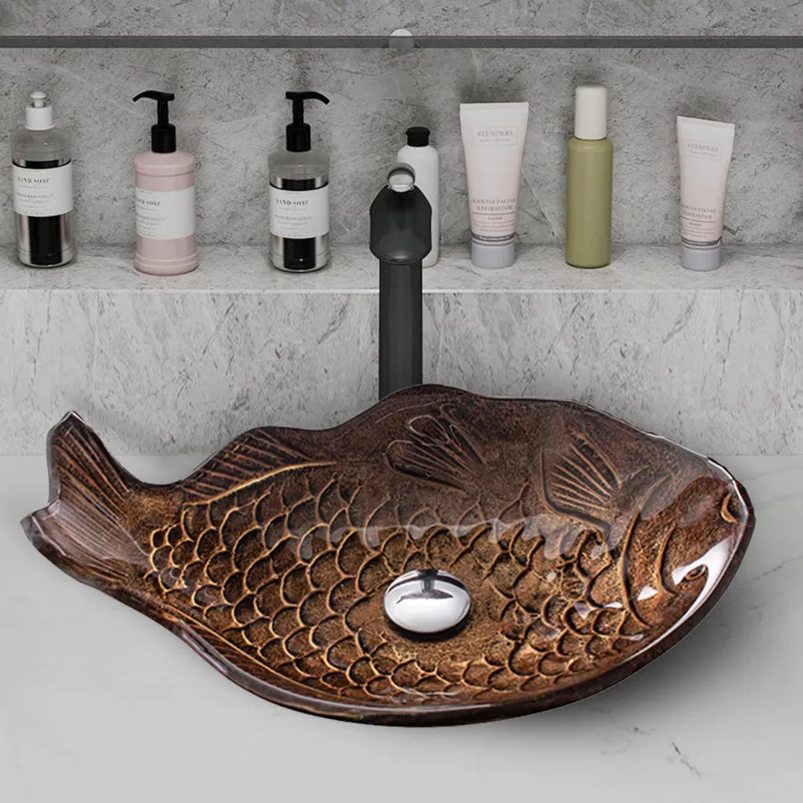 450x350x170mm Above Counter Glass Art Basin Special Fish Shape Bathroom Antique Vintage Wash Basin