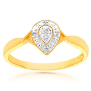 9ct Yellow Gold Diamond Pear Shape Cluster Ring With 7 Brilliant Cut Diamonds