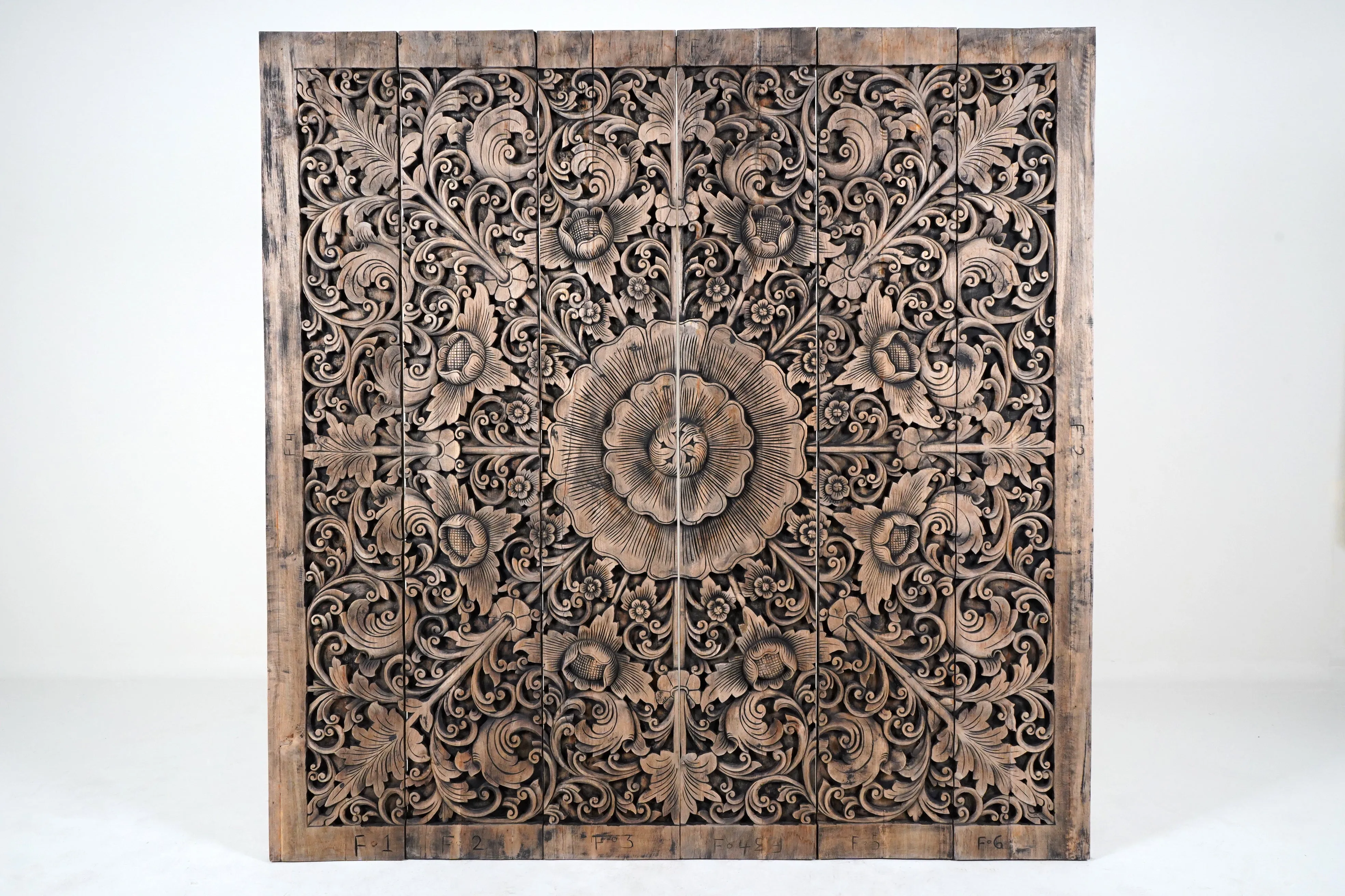 A Carved Teak Wood Lotus Flower Panel 6'x6'