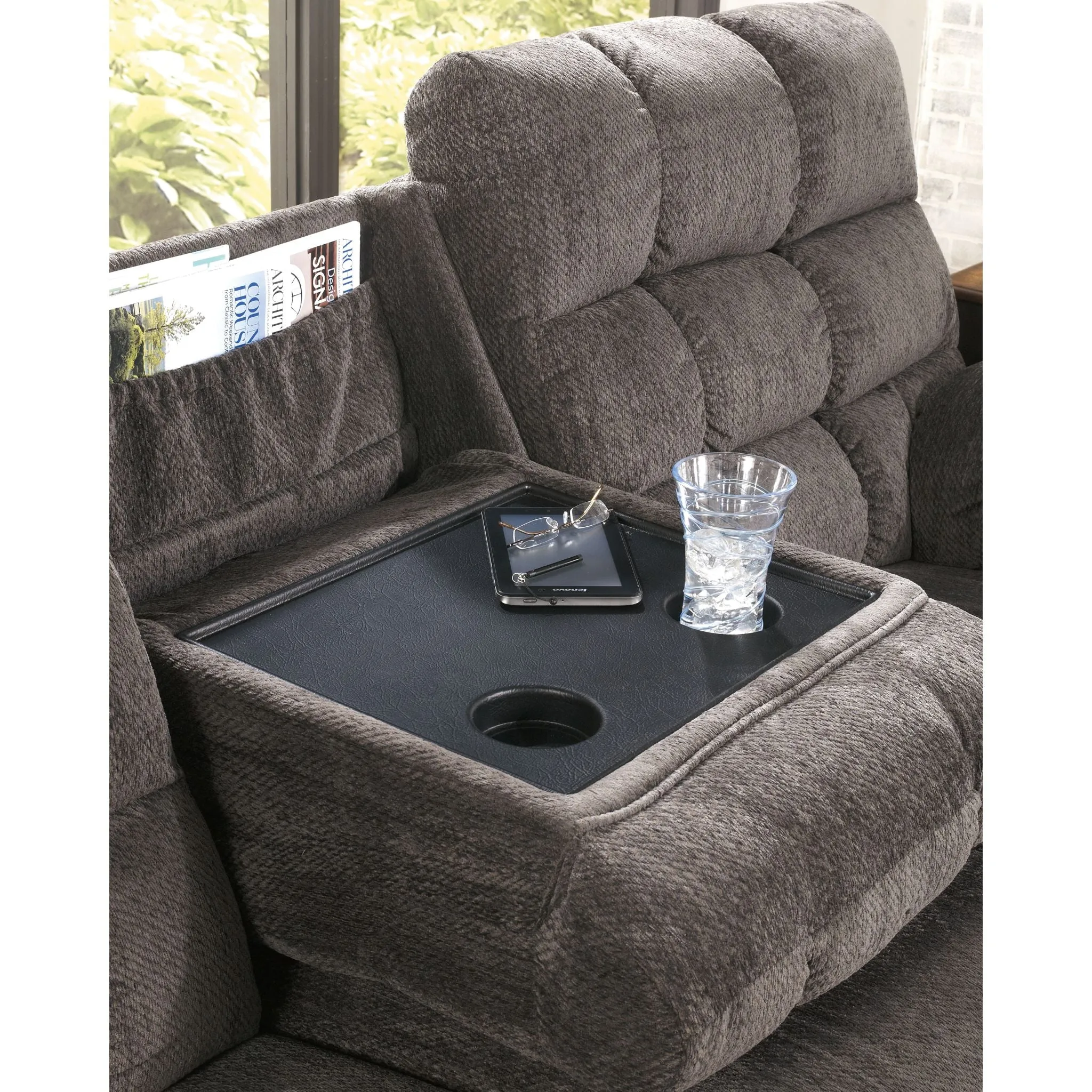 Acieona Dual Reclining Sofa w/Drop Table - Slate