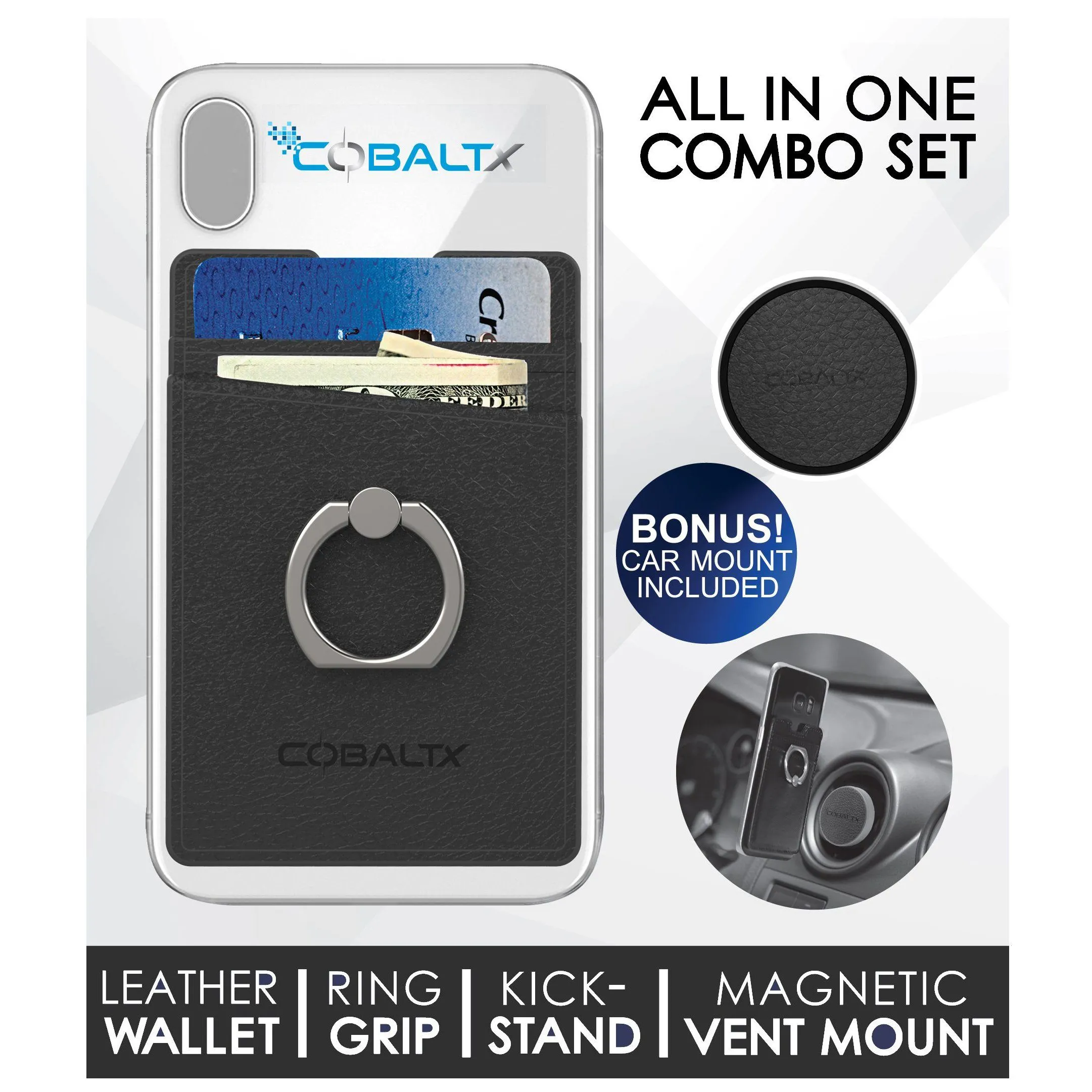 All-in-One Ring Grip Wallet and Magnetic Airvent Mount Combo Pack