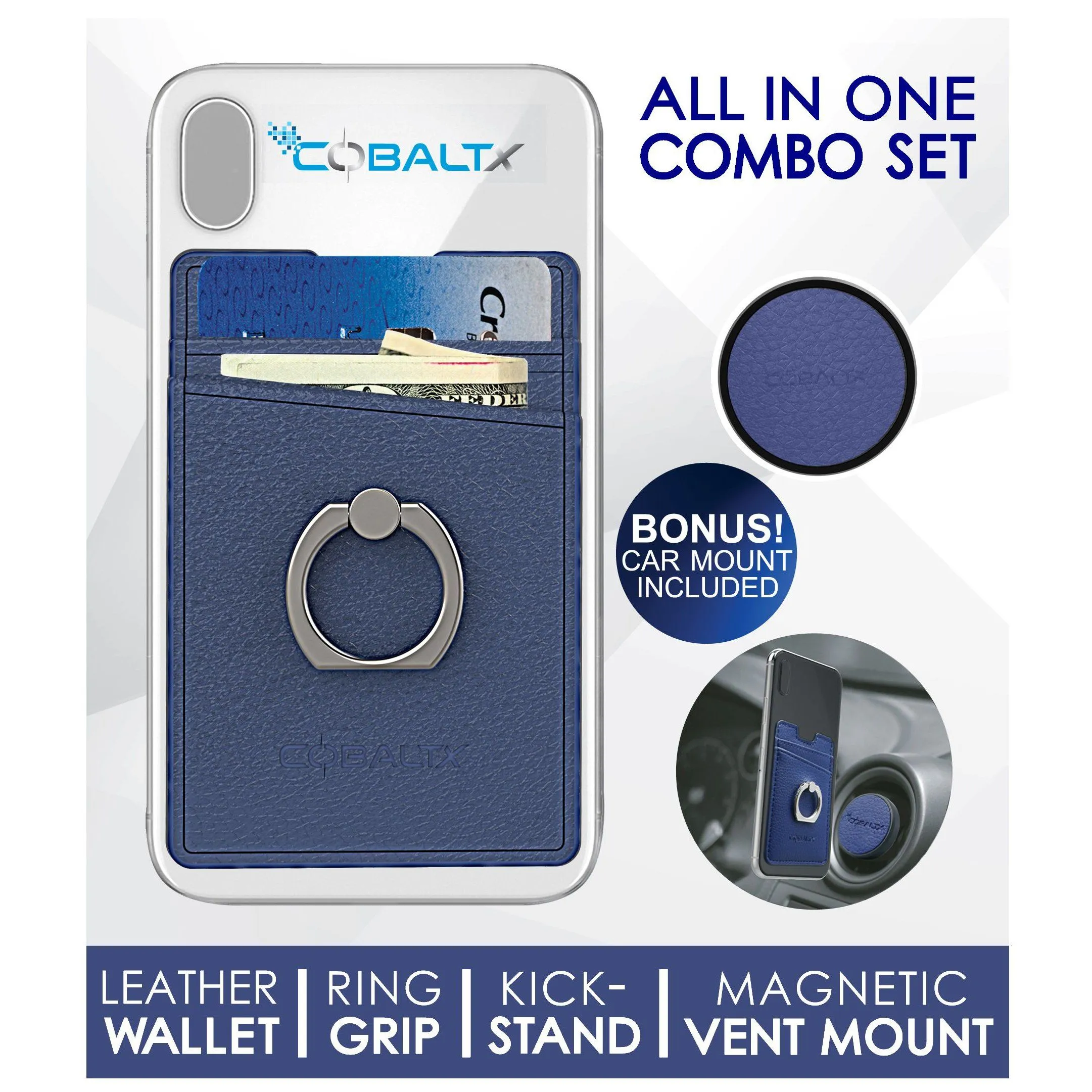 All-in-One Ring Grip Wallet and Magnetic Airvent Mount Combo Pack