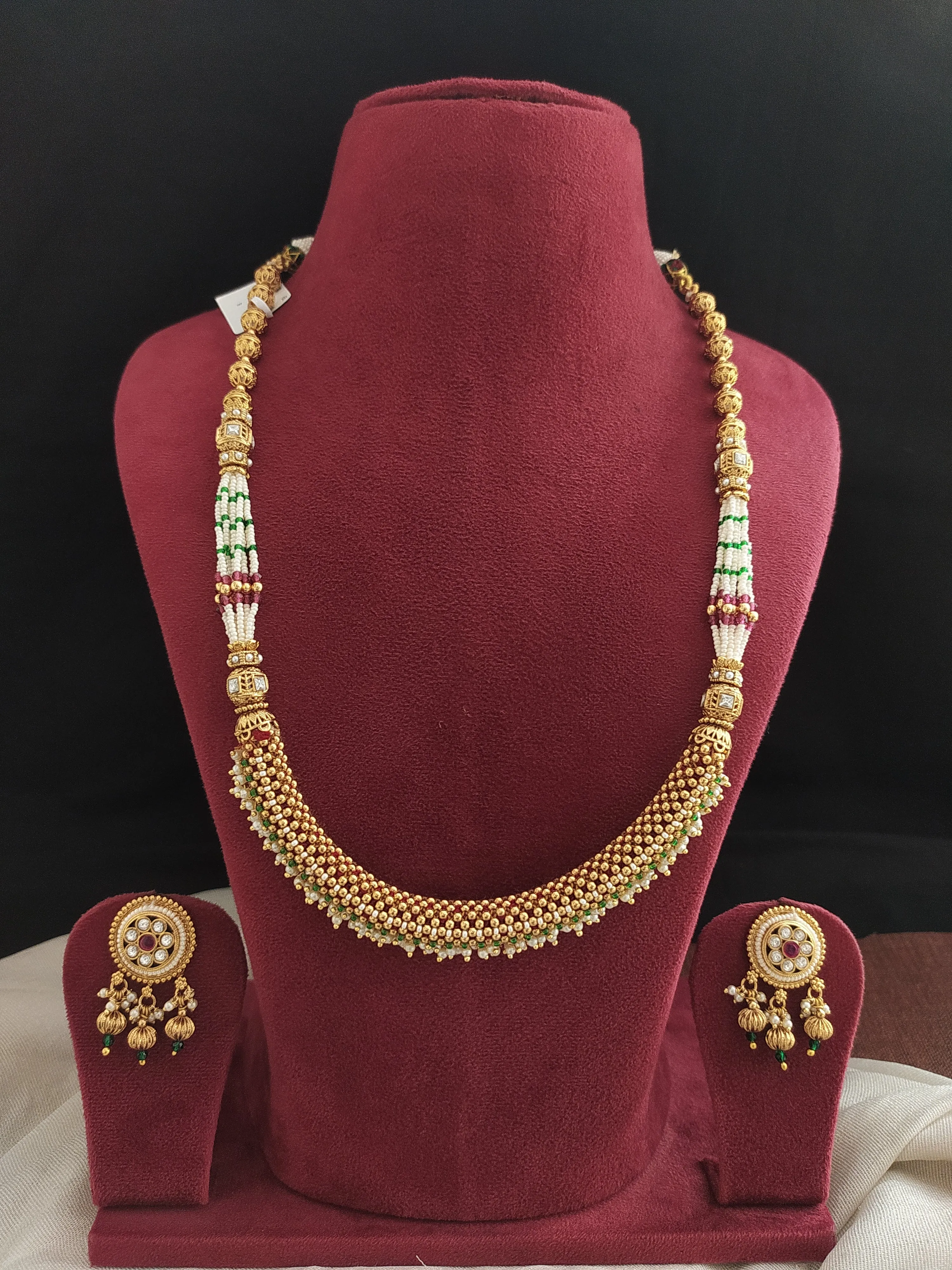 Amazing Design Pearls & Golden Balls Long Necklace Set