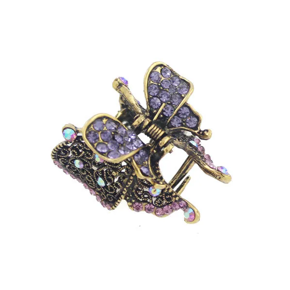 Antique Brass Rhinestone Small Butterfly Hair Claw
