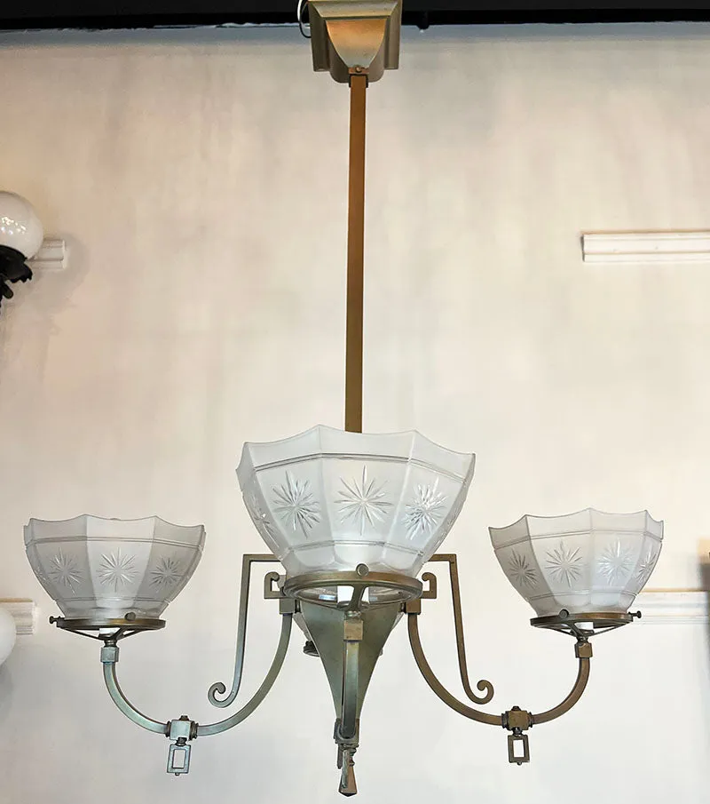 Antique Circa 1900 Edwardian Four Light Gas Converted Fixture With Star Cut Sided Shades