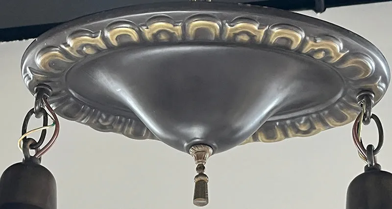 Antique Circa 1910 Embossed Oval Flush Mount with Original Nu Art Antique Iridescent Shades