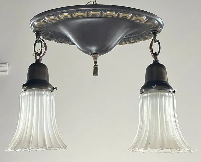 Antique Circa 1910 Embossed Oval Flush Mount with Original Nu Art Antique Iridescent Shades