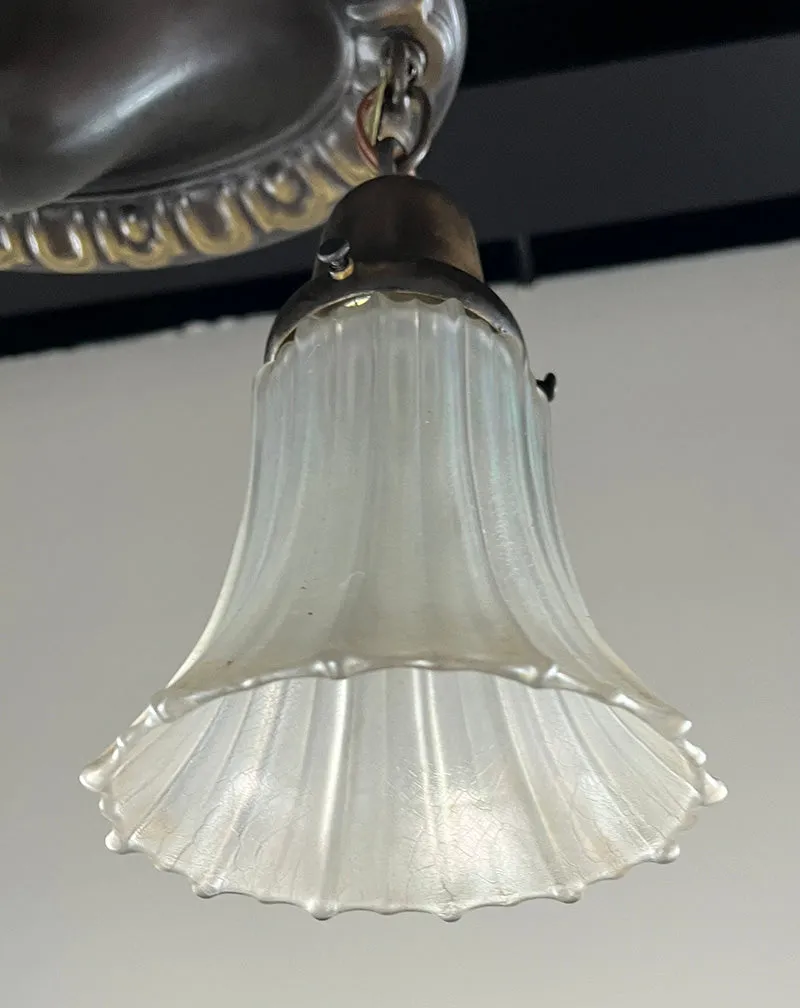 Antique Circa 1910 Embossed Oval Flush Mount with Original Nu Art Antique Iridescent Shades