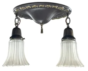 Antique Circa 1910 Embossed Oval Flush Mount with Original Nu Art Antique Iridescent Shades