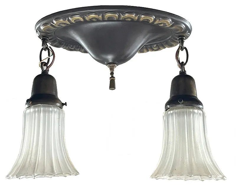 Antique Circa 1910 Embossed Oval Flush Mount with Original Nu Art Antique Iridescent Shades