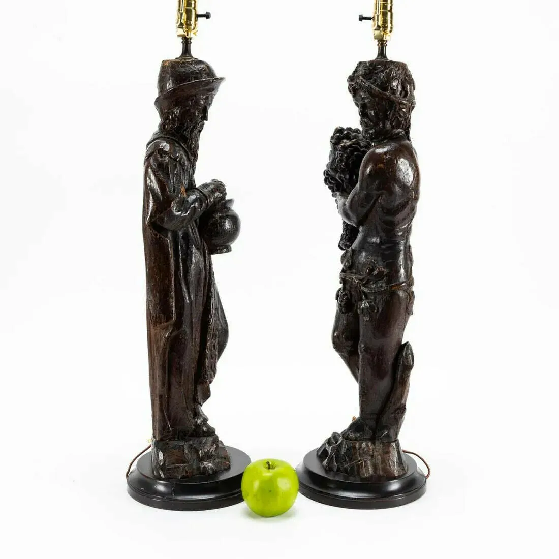 Antique Lamps, Carved Figural, Pair, Continental, Wood Sculpture, Shades, 1800's!