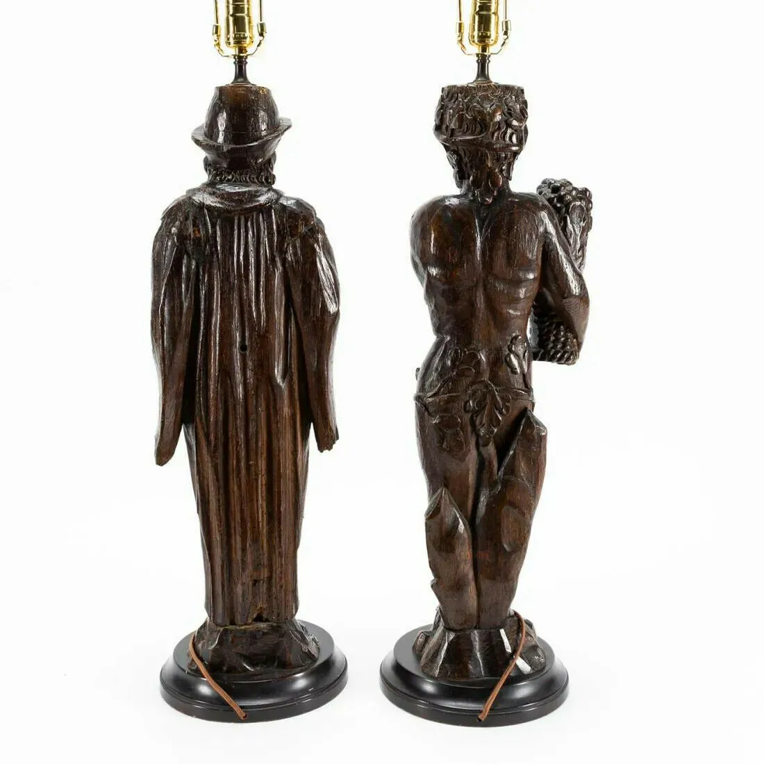 Antique Lamps, Carved Figural, Pair, Continental, Wood Sculpture, Shades, 1800's!