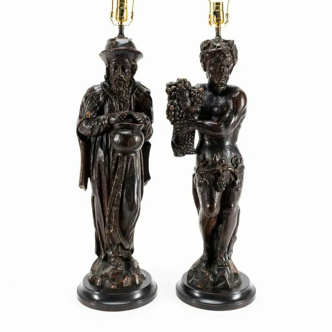 Antique Lamps, Carved Figural, Pair, Continental, Wood Sculpture, Shades, 1800's!