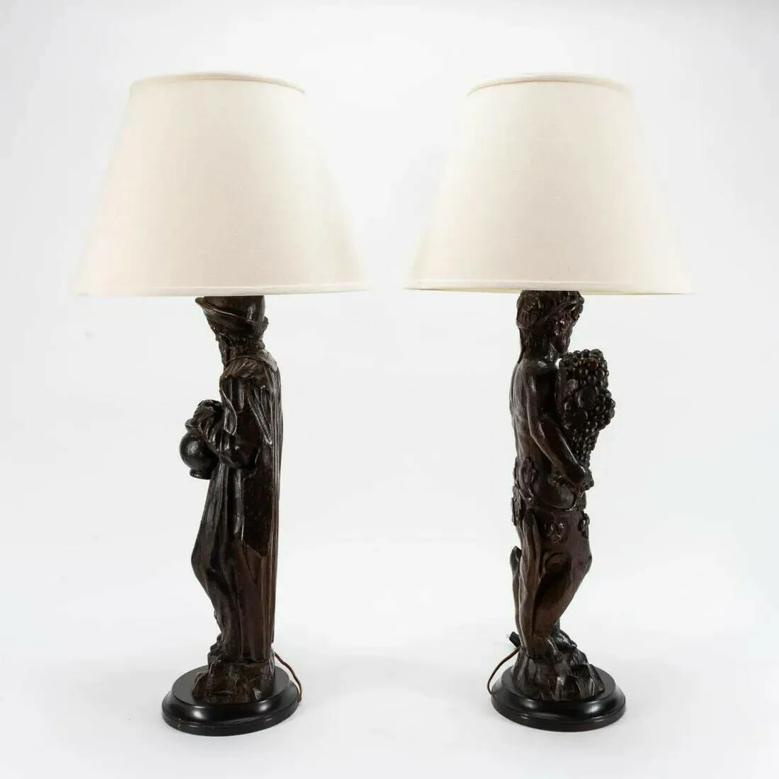 Antique Lamps, Carved Figural, Pair, Continental, Wood Sculpture, Shades, 1800's!