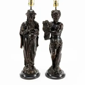 Antique Lamps, Carved Figural, Pair, Continental, Wood Sculpture, Shades, 1800's!