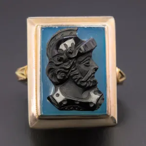 ANTIQUE ROMAN SOLDIER CAMEO RING 14k TRI TONE GOLD NEO CLASSICAL BLUE INTAGLIO