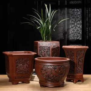Antique Vintage Chinese Clay Ceramic Flower Pot - Home Office Plant Pot - Rustic Home Decor - Living Room Decor - Office Decoration