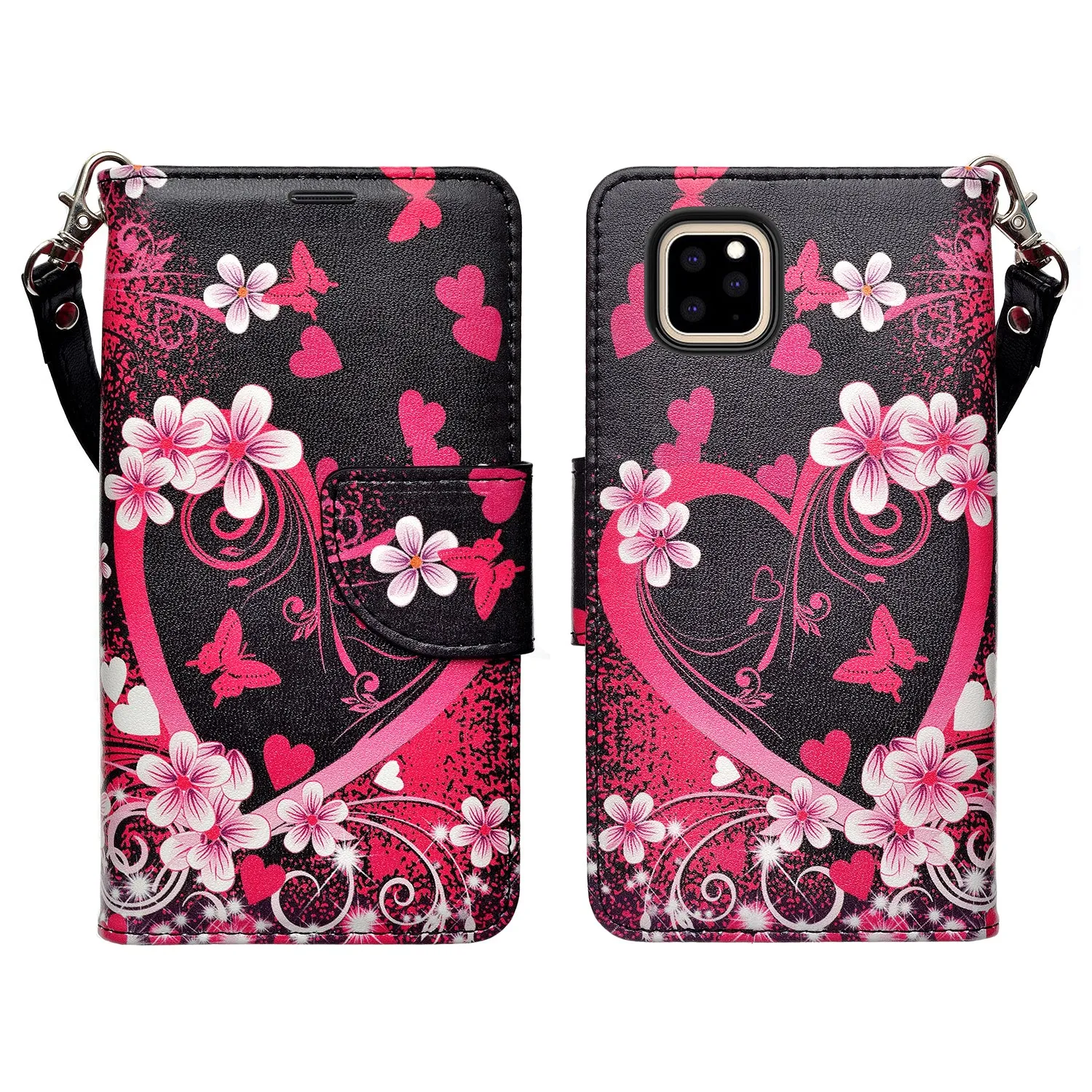 Apple iPhone 11 Case, iPhone 11 Wallet Case, Wrist Strap Pu Leather Wallet Case [Kickstand] with ID & Credit Card Slots - Heart Butterflies