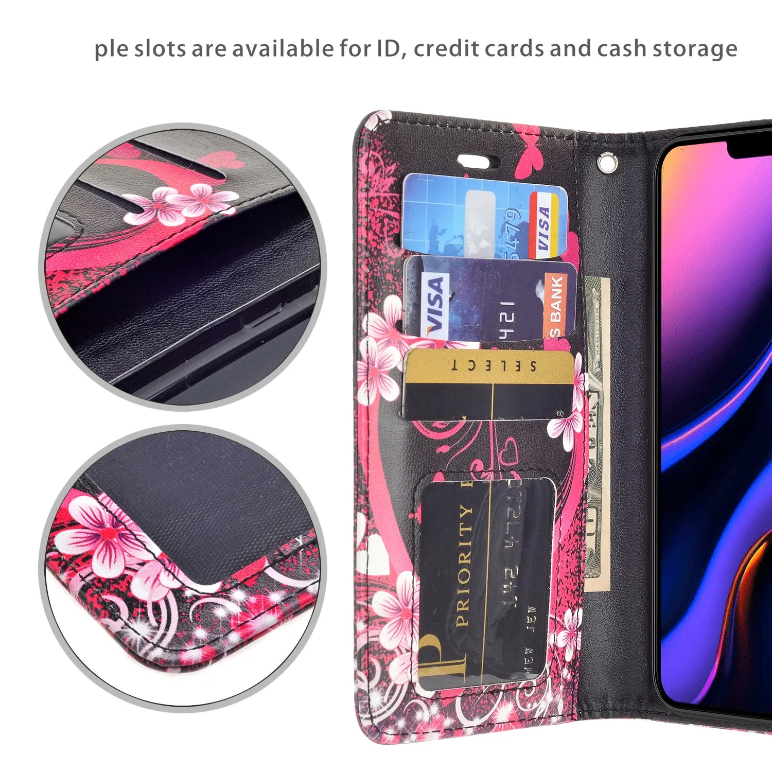 Apple iPhone 11 Case, iPhone 11 Wallet Case, Wrist Strap Pu Leather Wallet Case [Kickstand] with ID & Credit Card Slots - Heart Butterflies