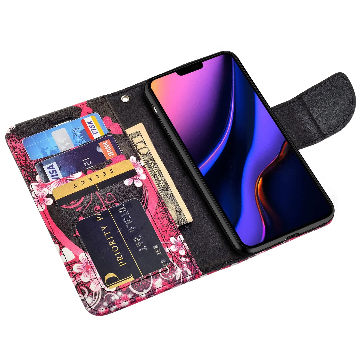 Apple iPhone 11 Case, iPhone 11 Wallet Case, Wrist Strap Pu Leather Wallet Case [Kickstand] with ID & Credit Card Slots - Heart Butterflies