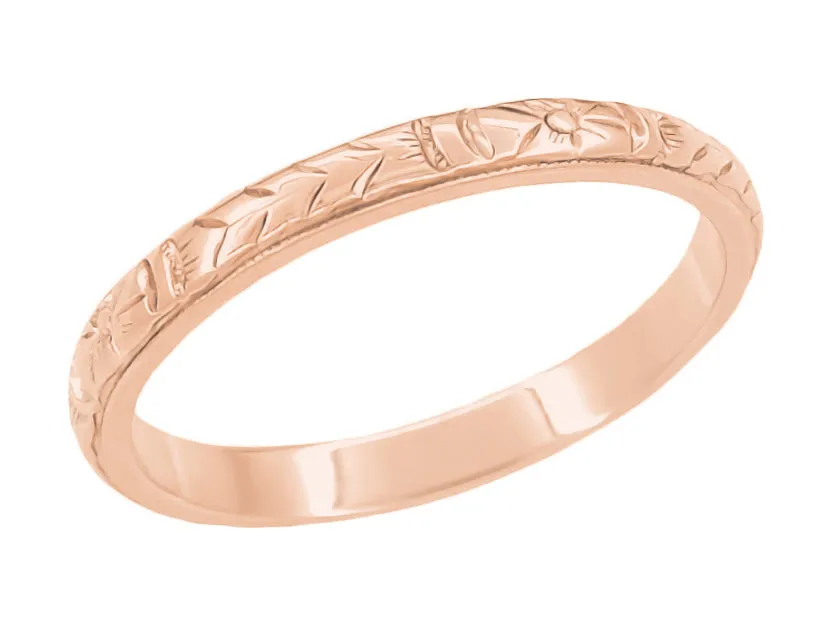 Art Deco Rose Gold Hand Embossed Flowers and Wheat Wedding Ring