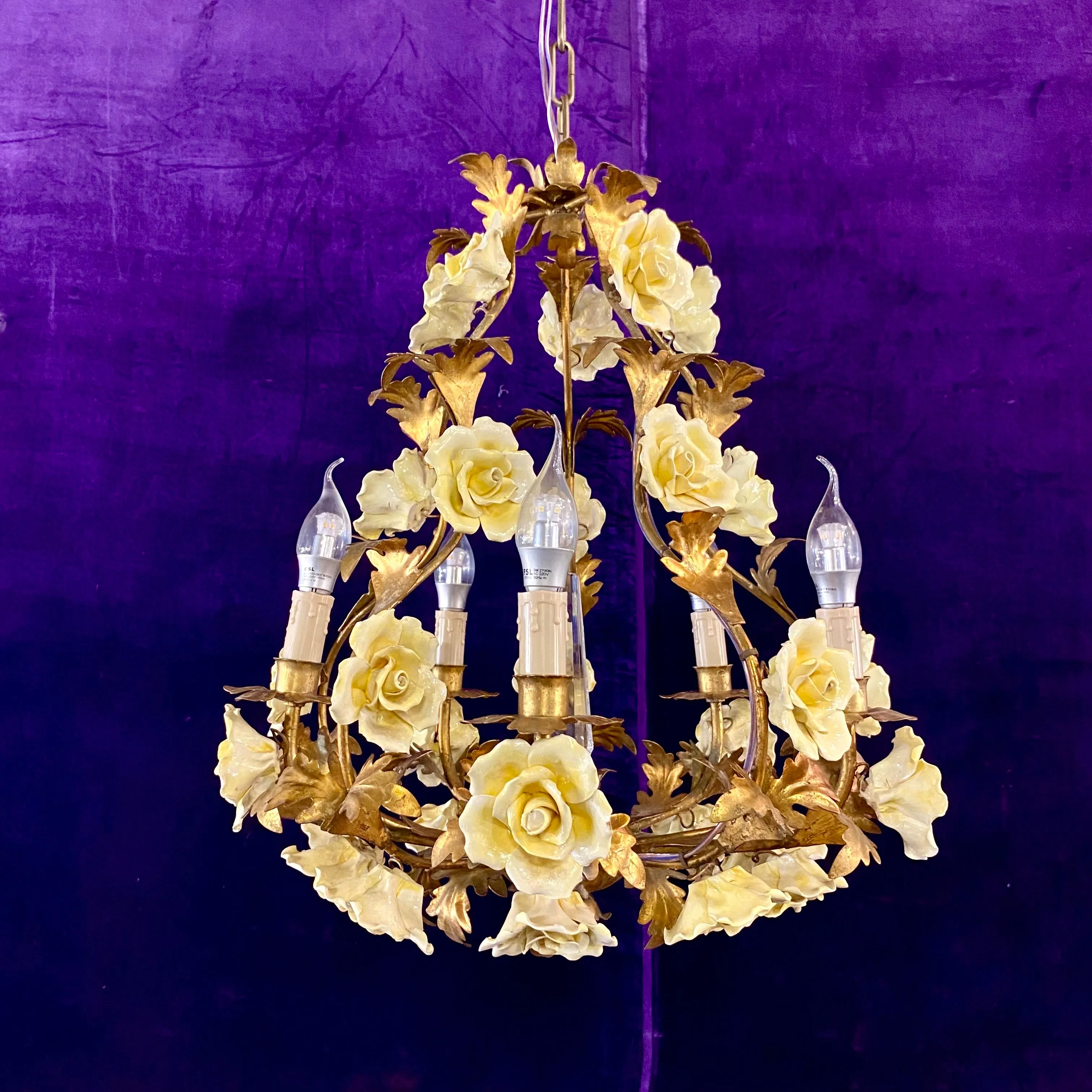 Beautiful Antique Porcelain Flower Brass Cage Chandelier