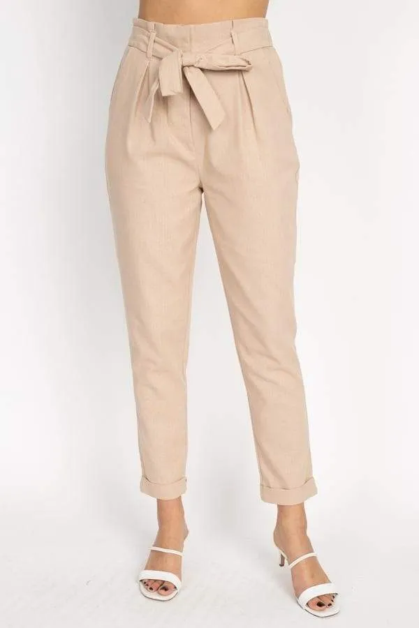 Belted Linen Paper Bag Pants