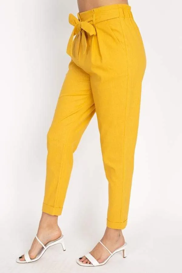 Belted Linen Paper Bag Pants