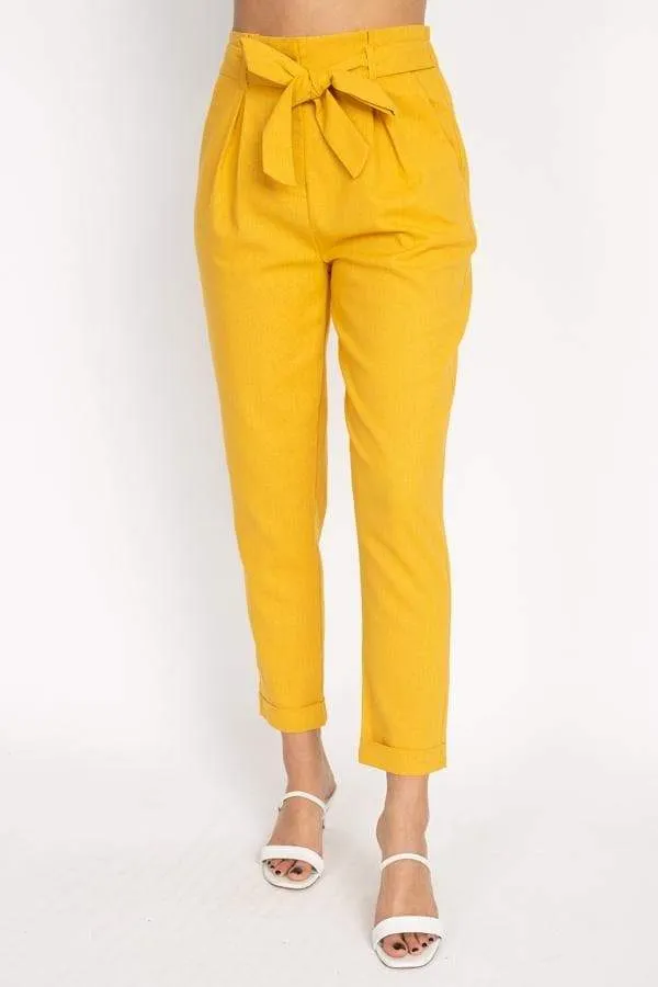 Belted Linen Paper Bag Pants