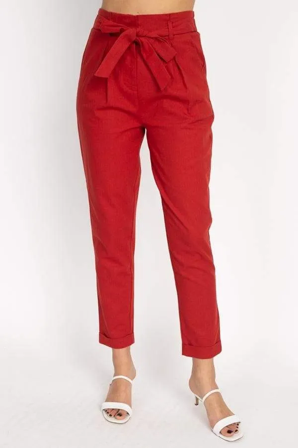 Belted Linen Paper Bag Pants