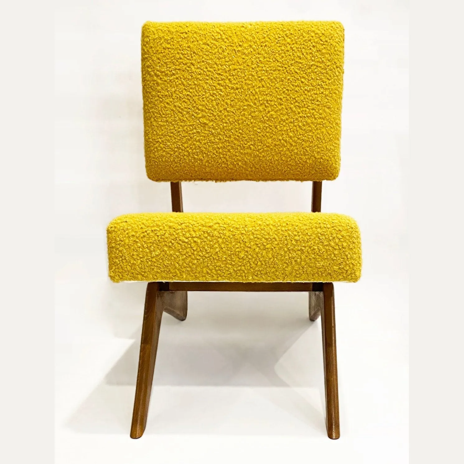 Bespoke Italian Pair of Boucle Mustard Yellow Aero Curved Beech Lounge Chairs