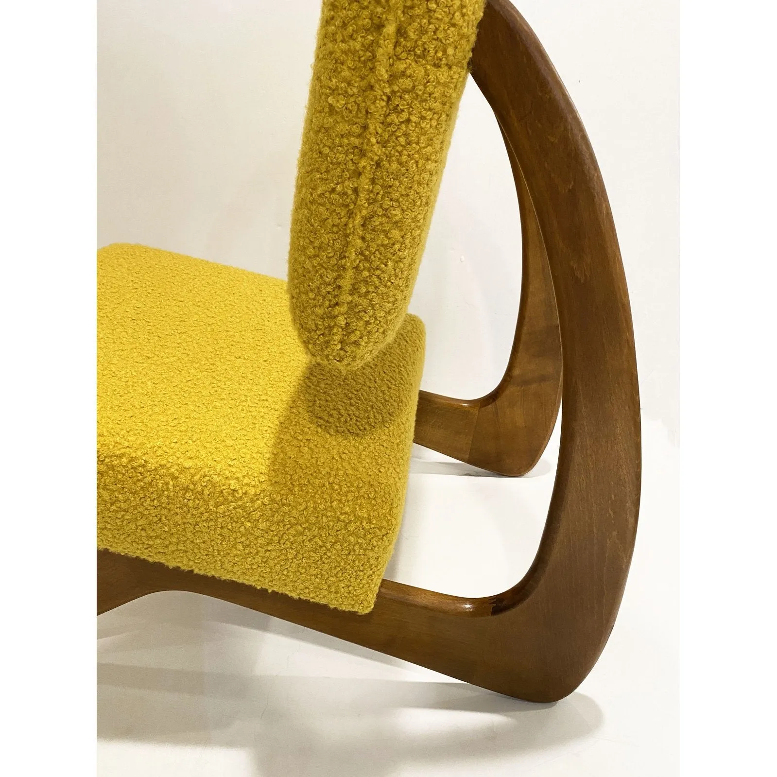 Bespoke Italian Pair of Boucle Mustard Yellow Aero Curved Beech Lounge Chairs