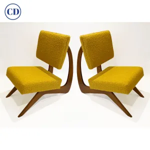 Bespoke Italian Pair of Boucle Mustard Yellow Aero Curved Beech Lounge Chairs