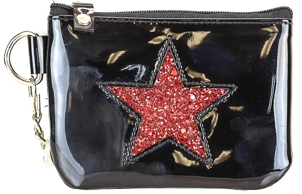 Black Patent Zipper Top Purse With Glittered Red Star Patch