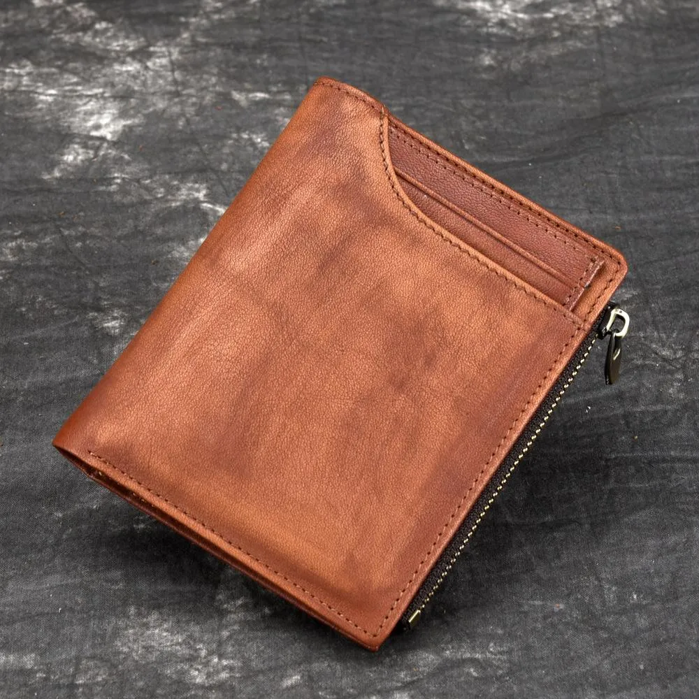 Brown MENS LEATHER Bifold Wallet Short Wallet Card Wallet Dark Brown Coin Wallet FOR MEN