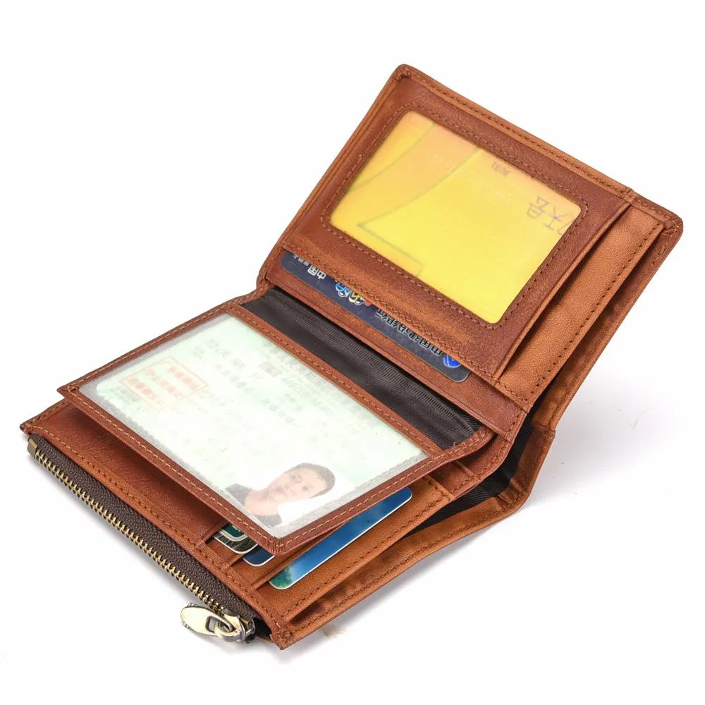 Brown MENS LEATHER Bifold Wallet Short Wallet Card Wallet Dark Brown Coin Wallet FOR MEN