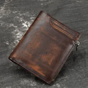 Brown MENS LEATHER Bifold Wallet Short Wallet Card Wallet Dark Brown Coin Wallet FOR MEN