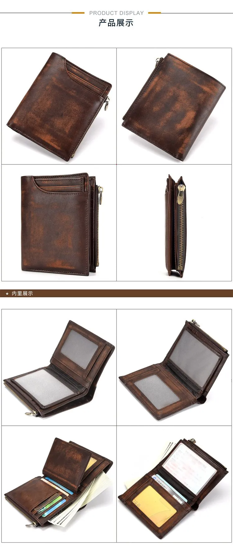 Brown MENS LEATHER Bifold Wallet Short Wallet Card Wallet Dark Brown Coin Wallet FOR MEN