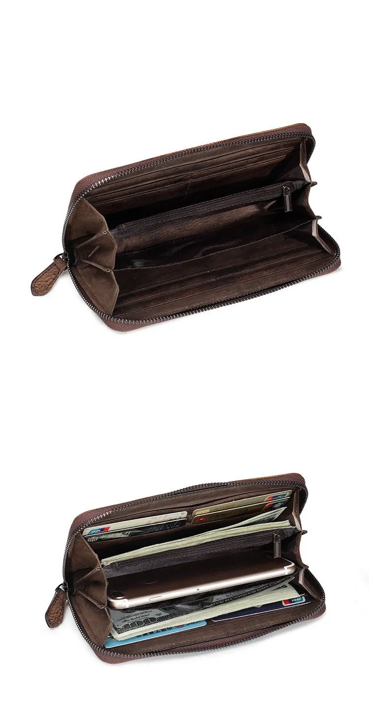 Brown Vintage Wallet Leather Mens Womens Tooled Long Wallet Zipper Black Clutch Wallet For Men