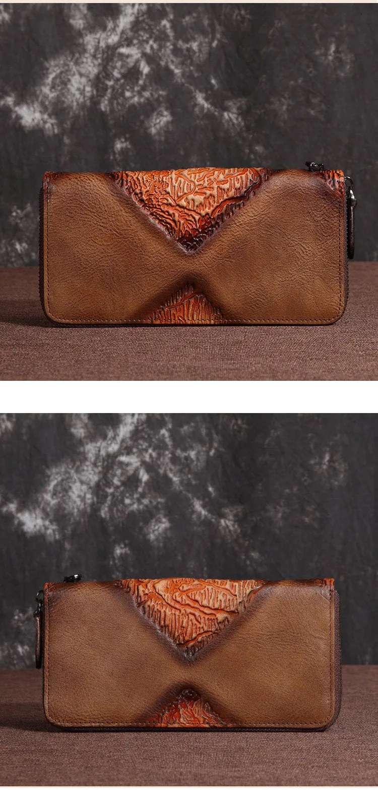 Brown Vintage Wallet Leather Mens Womens Tooled Long Wallet Zipper Black Clutch Wallet For Men