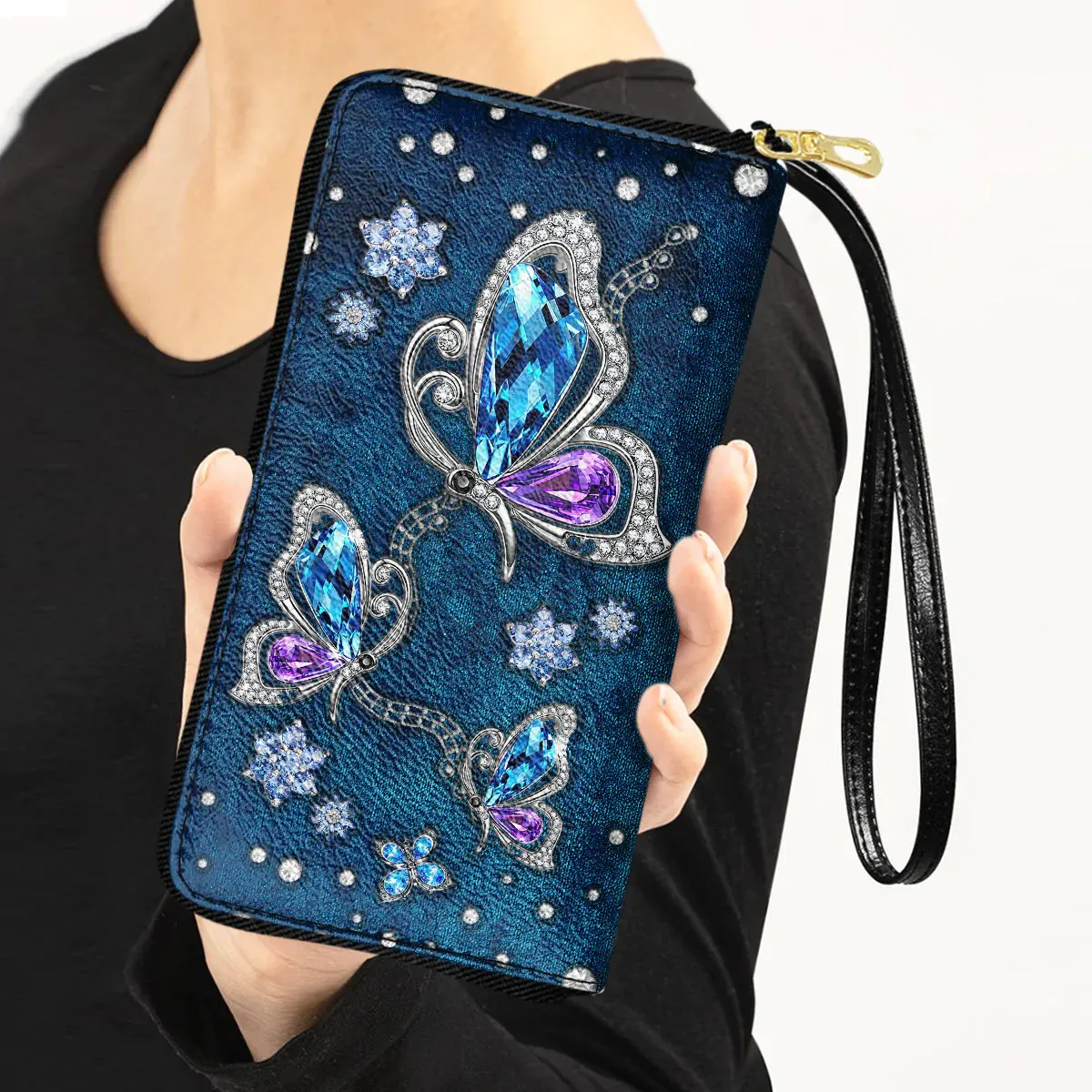 Butterfly Velvet Jewelry Style Zip Around Leather Wallet