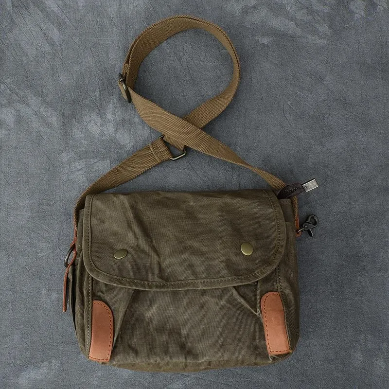 Canvas Leather Mens Womens Dark Gray Vintage Side Bag Khaki Messenger Bag Small Shoulder Bag For Men