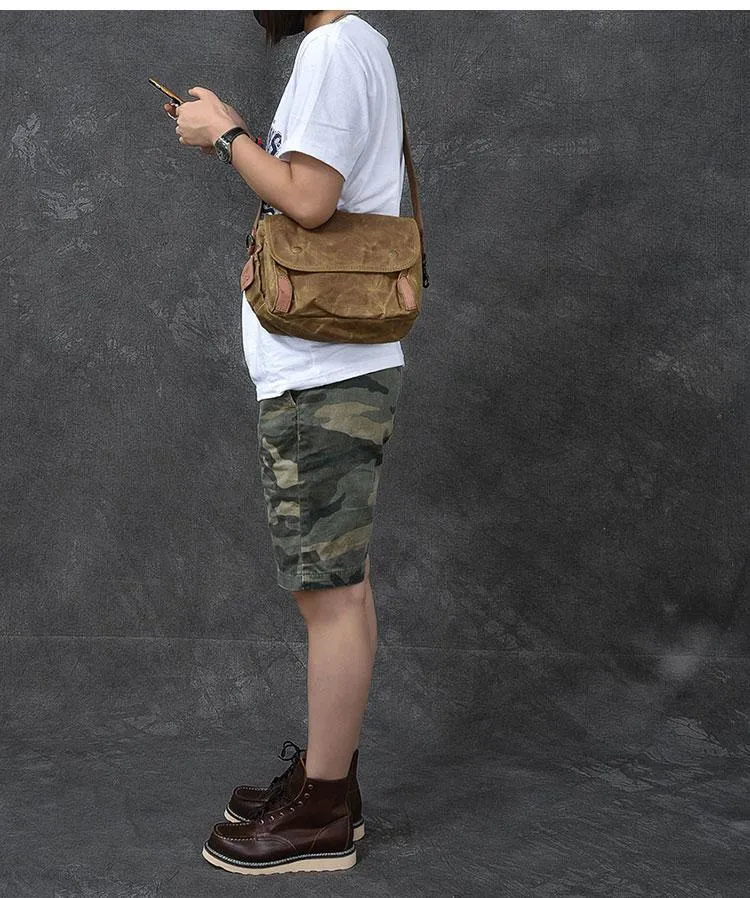 Canvas Leather Mens Womens Dark Gray Vintage Side Bag Khaki Messenger Bag Small Shoulder Bag For Men
