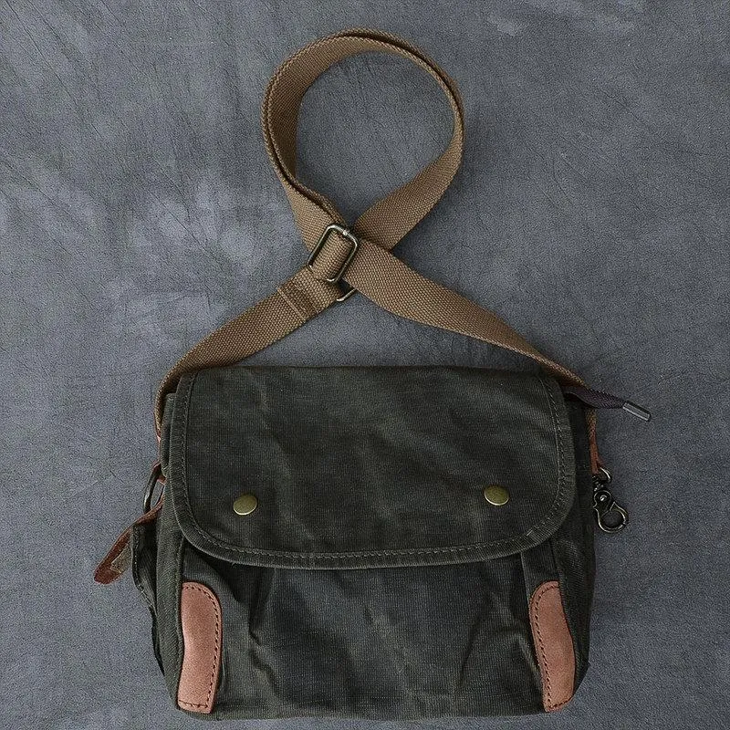Canvas Leather Mens Womens Dark Gray Vintage Side Bag Khaki Messenger Bag Small Shoulder Bag For Men